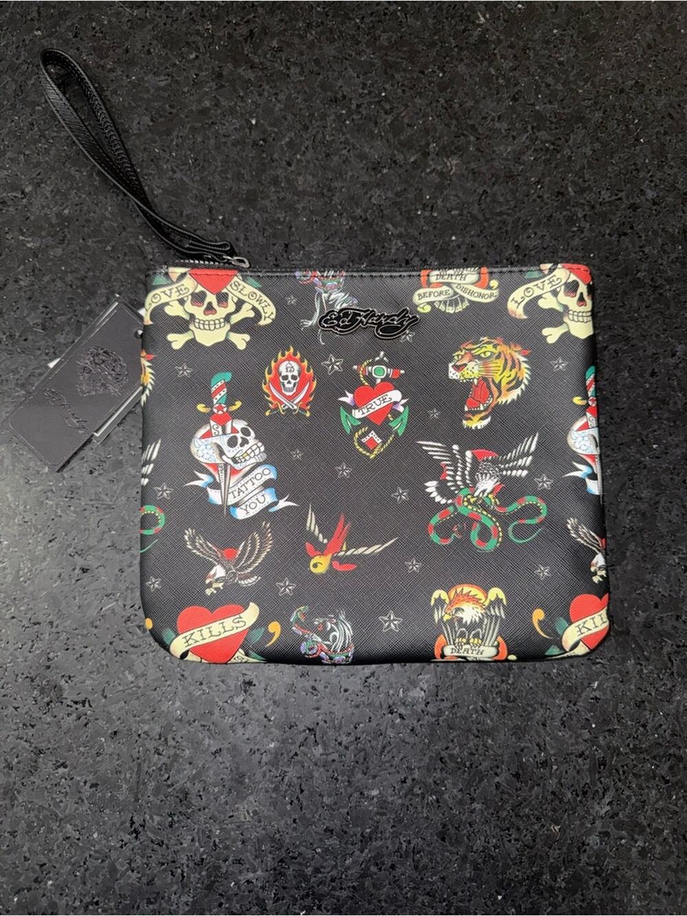 NEW Ed Hardy Black Tattoo-Print Wristlet Clutch MULTI TATTOO PRINT NEW W TAGS